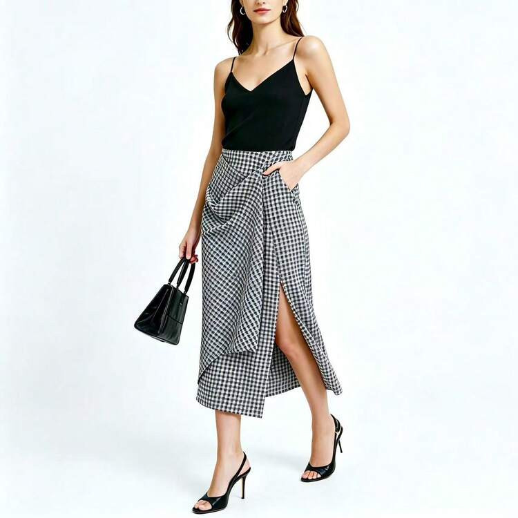 2026 New French Retro Commuter Plaid High-Waisted Slimming Slit Twist Skirt | SHEIN