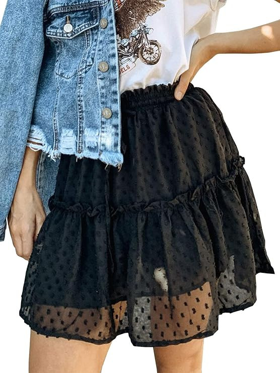 Miessial Women's High Waist A Line Mini Skirt Pleated Ruffle Cute Beach Short Skirt | Amazon (US)