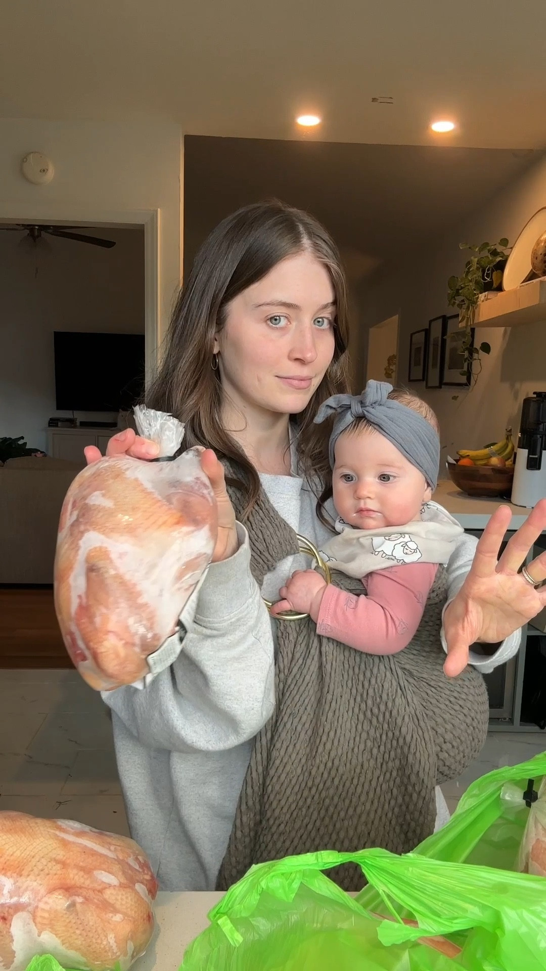 Unboxing a haul of local chicken from my farmer while baby wearing my daughter :)