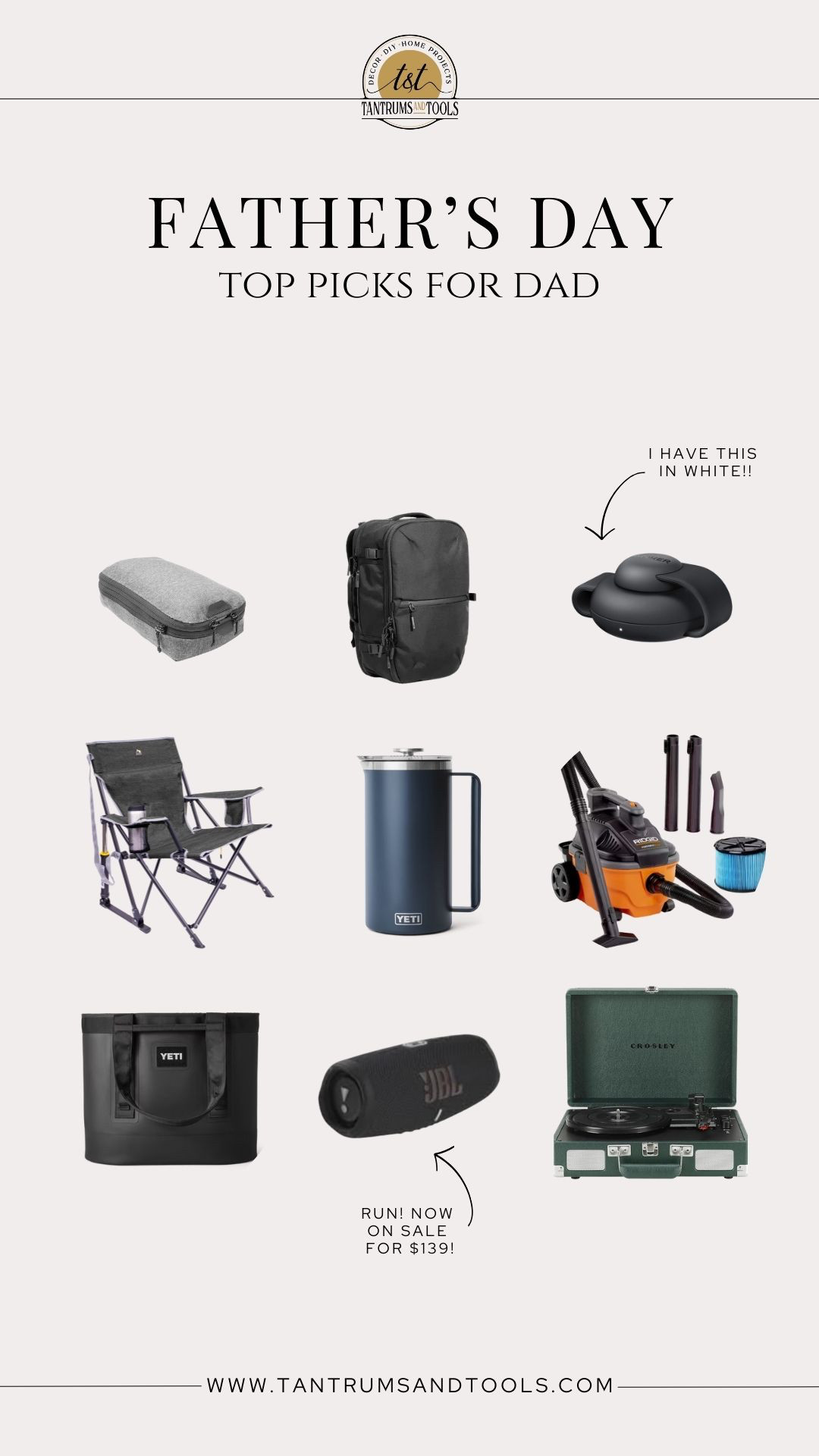 Father's Day Gift Ideas! Top gifts for dad's who don't want anything.

Head to the blog for a full list of my top Father's Day Gifts: https://tantrumsandtools.com/fathers-day-gifts-ideas/

Gift guide, gift for him, gift for men, gift for dad, Father's Day, luggage, charger, travel backpack, camping chair, French press, shop vac, Yeti, beach bag, portable speaker, record player 

 #LTKGiftGuide #LTKFindsUnder100 #LTKMens