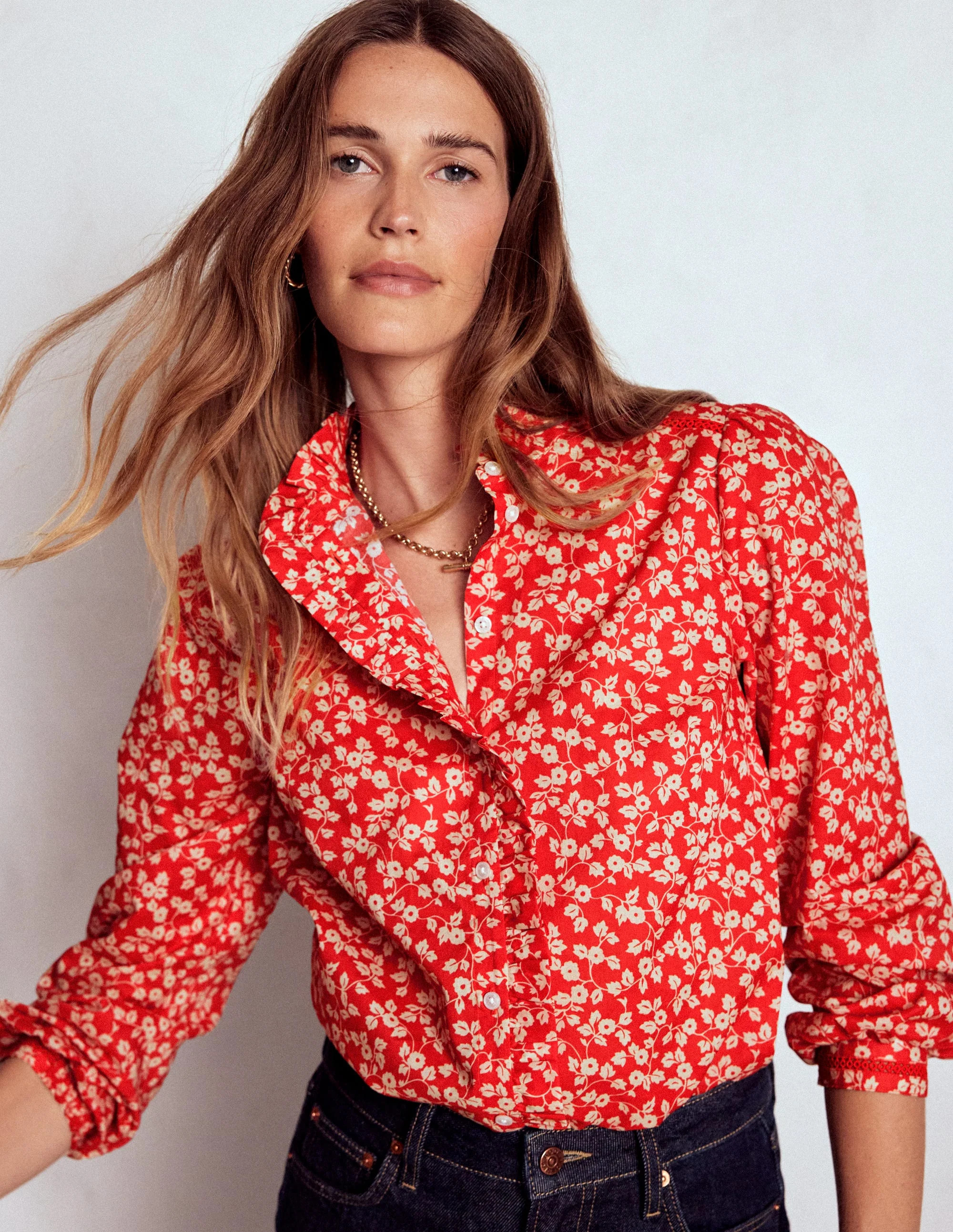 Helena Cotton Top-Cranberry Red, Delicate Vine | Boden (US)