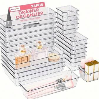 24pcs Clear Plastic Organizer, Acrylic Organizers For Desk, Kitchen Drawer Organizer And Cosmetics Containers, Make Up Organizers For Vanity, Junk Drawer, Vanity Organizer And Brush Holder, Desk & Drawer Organizer For Home Storage | SHEIN