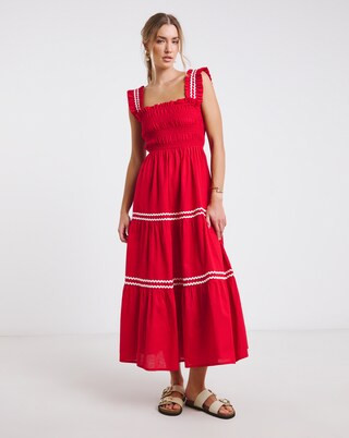 Red Shirred Midi Dress with Scallop Detail | Simply Be | Simply Be (UK)