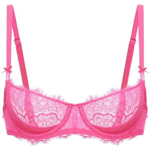 DOBREVA Women's Balconette Sexy Unlined Bra Lace Push Up Plus Size Bras See Through Underwire Neon Pink 32C | Amazon (US)