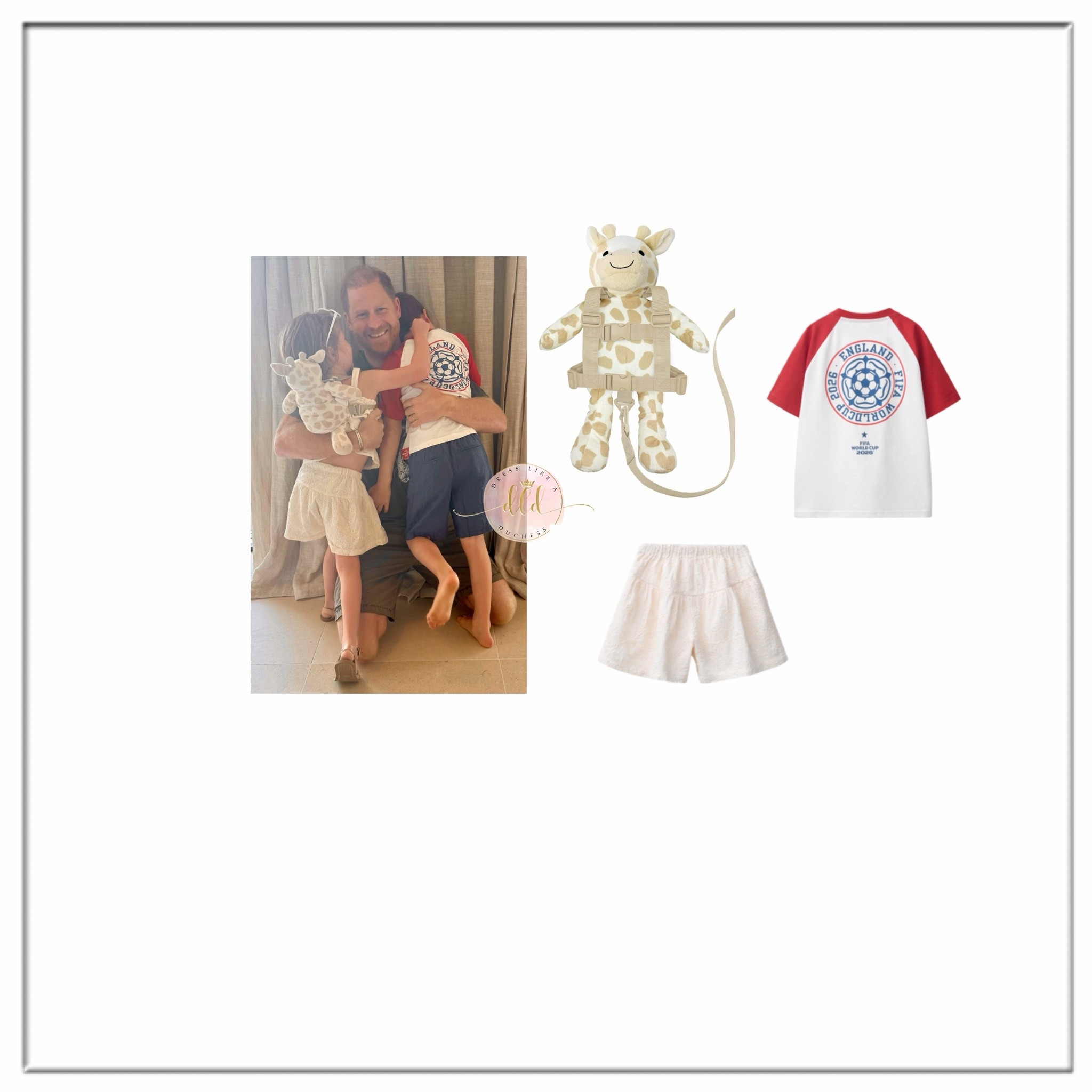 6/21/26 Meghan Markle’s Father’s Day post. Lilibet wearing Goldbug Giraffe backpack/harness + Zara floral embroidered shorts in ecru + Archie wearing Zara England 🏴󠁧󠁢󠁥󠁮󠁧󠁿 FIFA World Cup shirt