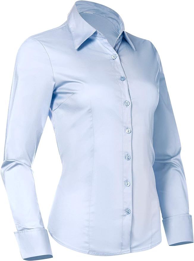 PIER 17 Button Down Shirts for Women, Fitted Long Sleeve Tailored Work Office Blouse | Amazon (US)