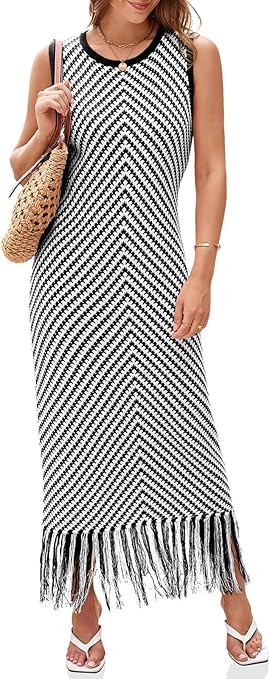 Wenrine Womens Summer Crochet Knit Dress 2025 Fall Casual Striped Tassel Sleeveless Boho Maxi Dre... | Amazon (US)