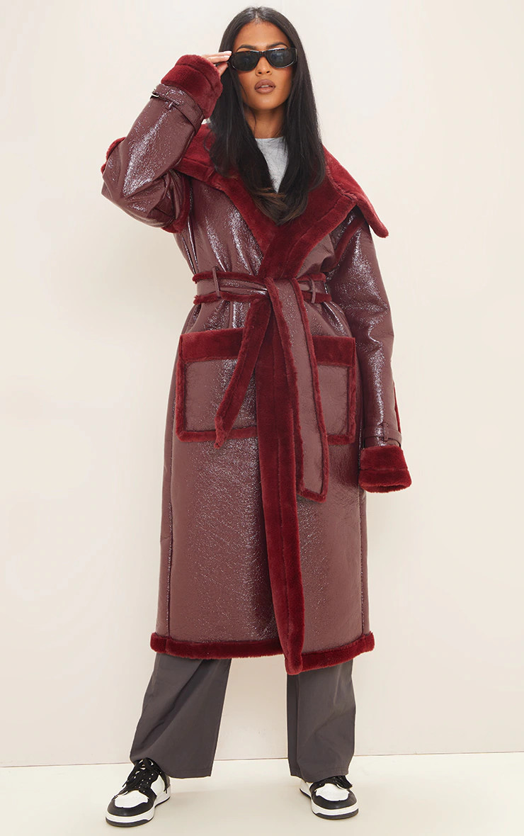 Tall Burgundy Vinyl Contrast Faux Fur Midi Coat | Tall | PrettyLittleThing US