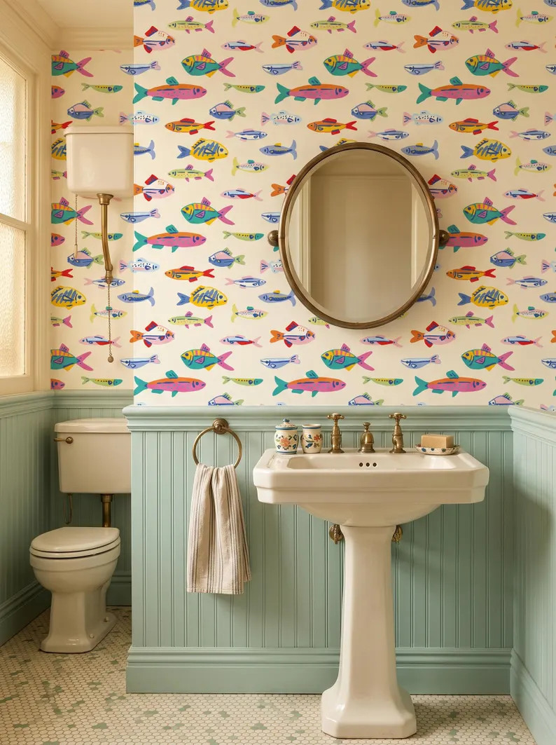 Colorful Fish Wallpaper \u2013 Retro Tropical Sea Life Wall Decor, Underwater Mural, Peel & Stick... | Etsy (Global)