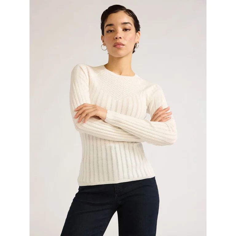 Sofia Jeans Women's Lace Crewneck Sweater with Long Sleeves, Lightweight, Sizes XS-XXL | Walmart (US)