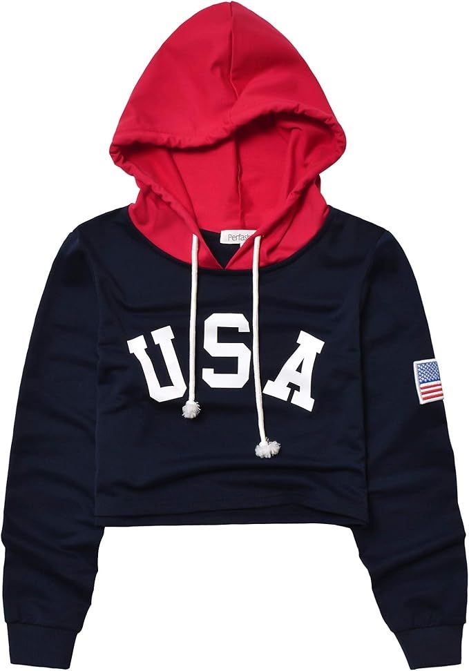 Perfashion Women's USA Flag Cropped Hoodie Tops 4th July Crop Sweatshirts | Amazon (US)