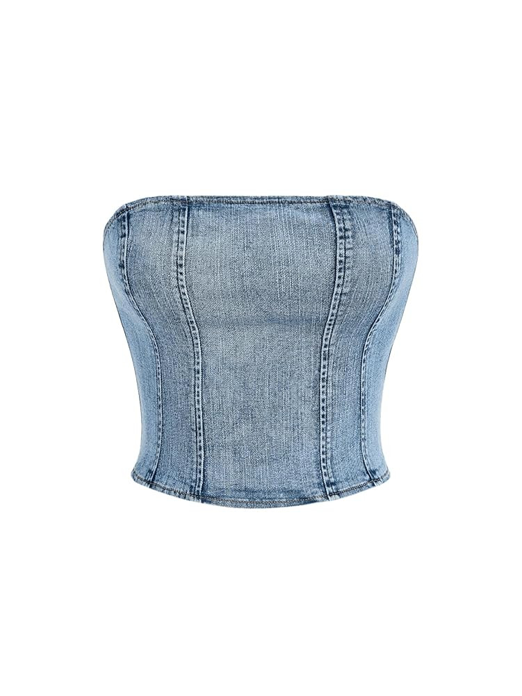 Floerns Women's Sleeveless Strapless Zipper Back Bandeau Crop Denim Tube Top | Amazon (US)