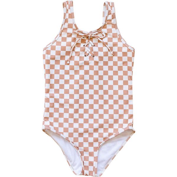 Girl's Checkered Tie One-Piece Swimsuit, Tan | Maisonette