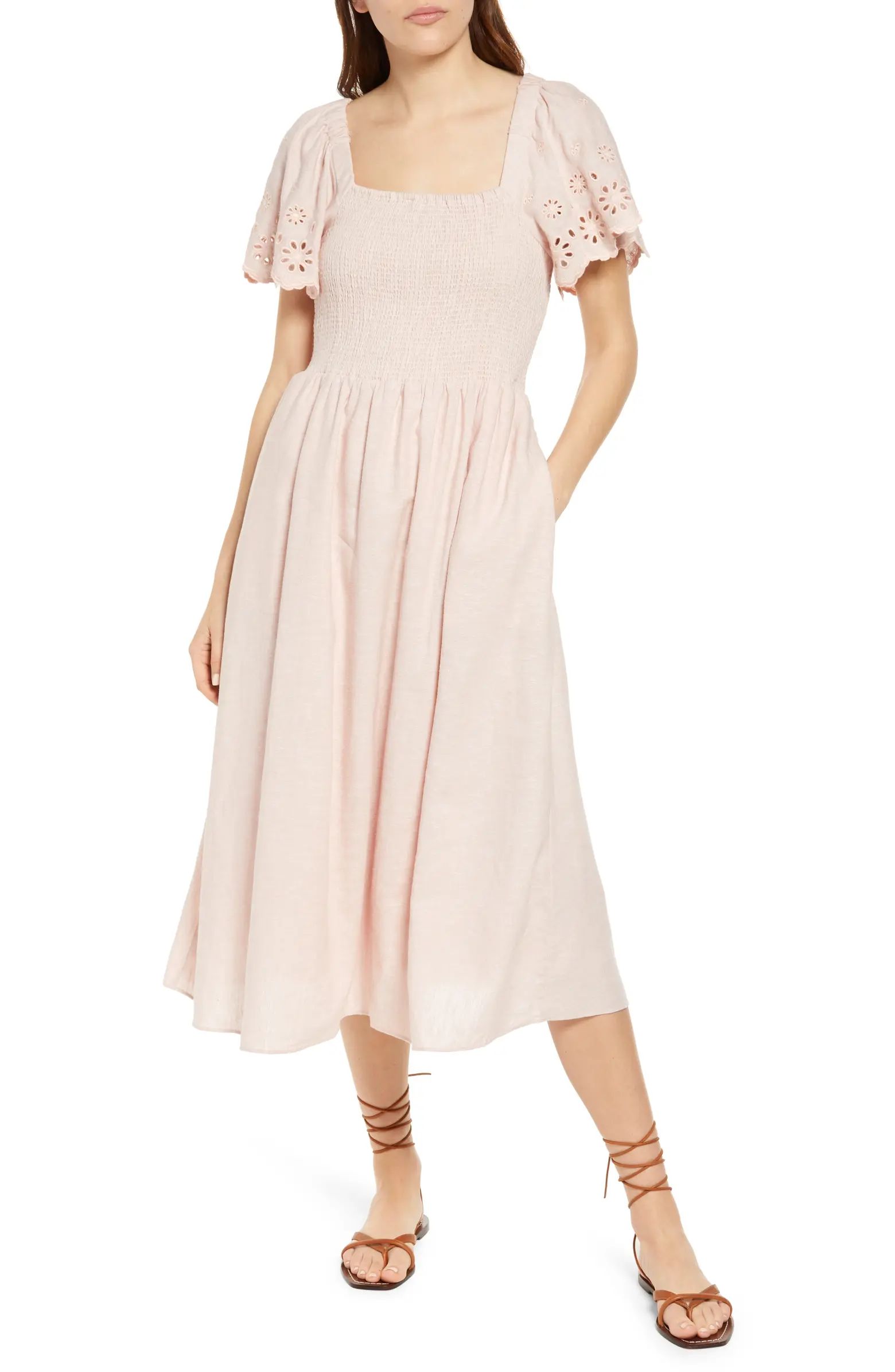 Lucie Eyelet Sleeve Smocked Linen Blend Midi Dress | Nordstrom