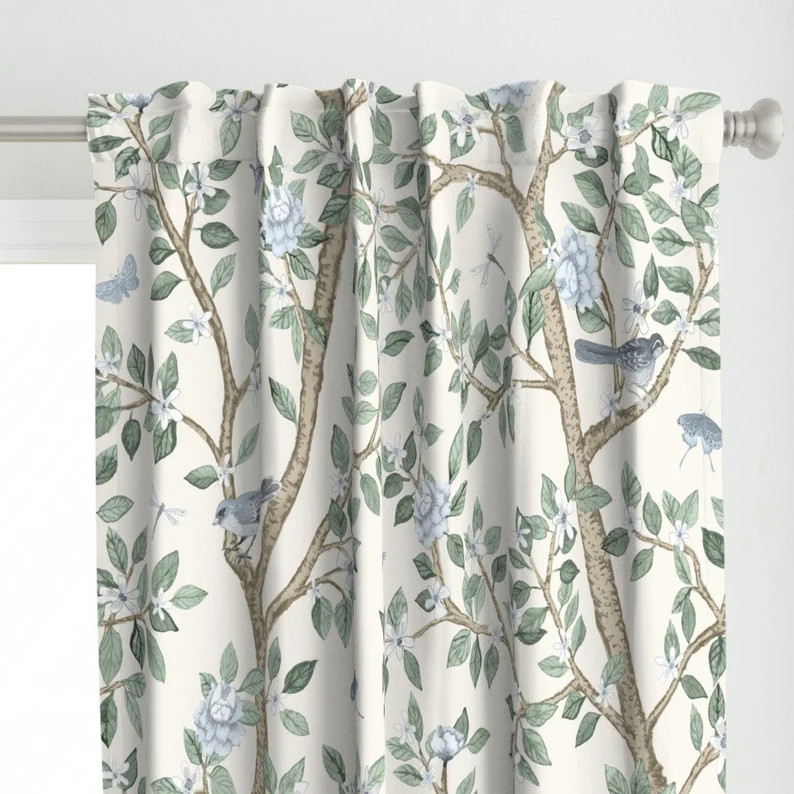 Traditional Peony Curtain Panel Elsie's Garden by Danika_herrick Chinoiserie Silver Spruce Custom... | Etsy (US)