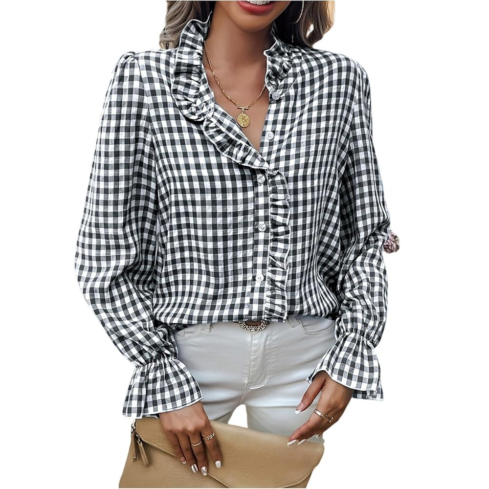 Plaid Shirt for Women Button Down Fall Ruffle Shirts Casual Long Sleeve Gingham Checkered V-Neck ... | Amazon (US)