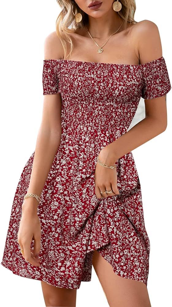 BerryGo Women's Vintage Off Shoulder High Waist Floral Print Beach Mini Dress | Amazon (US)