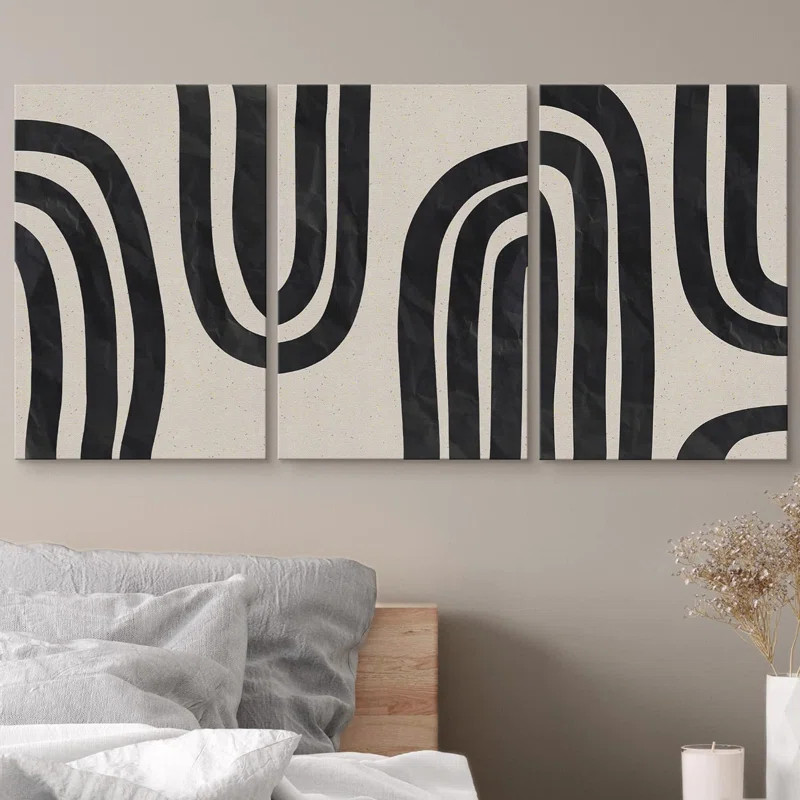 Black And Tan Spiral Polygon Collage Abstract Patterns Modern Art Mid-Century Modern 3 Pieces | Wayfair North America