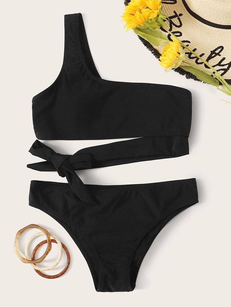 Tie Waist One Shoulder Bikini Set | SHEIN