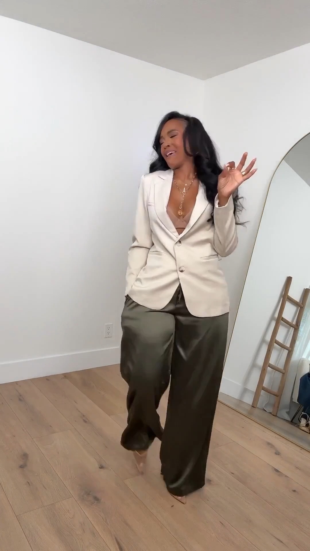 ✨ Elevated Neutrals, Done Right
This look is the perfect mix of polished and effortless. A tailored cream blazer layered over a simple base instantly elevates these flowy olive satin trousers, creating a chic, modern silhouette that moves beautifully. It’s relaxed, refined, and easy to dress up or down.

Perfect for work events, dinner dates, brunch, travel days, and elevated everyday wear.

📏 Sizing: Blazer (Small) • Pants (Small) • Heels (TTS)  
Measurements: 5’4” · 138 lbs · 34D · 27” waist · 40” hips

Save this post for neutral outfit ideas, elevated casual looks, blazer styling inspiration, satin pants outfits, and capsule wardrobe essentials.

Follow me on Instagram and YouTube @kirasfashionfinds