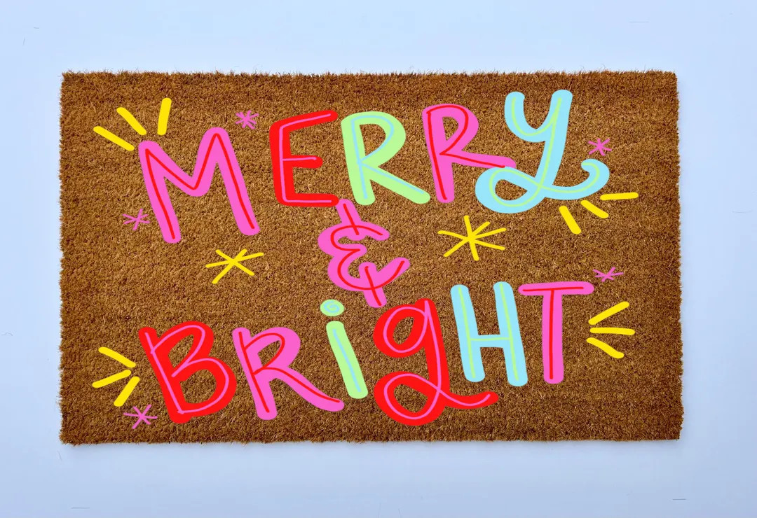 Merry & Bright Coir Doormat, Festive Colorful Boho Holiday Welcome Mat, Winter Front Porch Decor,... | Etsy (US)