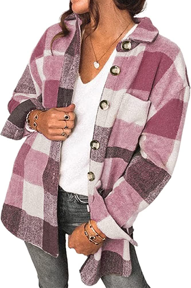 AOVDE Women's Plaid Shirts Flannel Lapel Button Down Long Sleeve Jacket Casual Boyfriend Shacket Jac | Amazon (US)