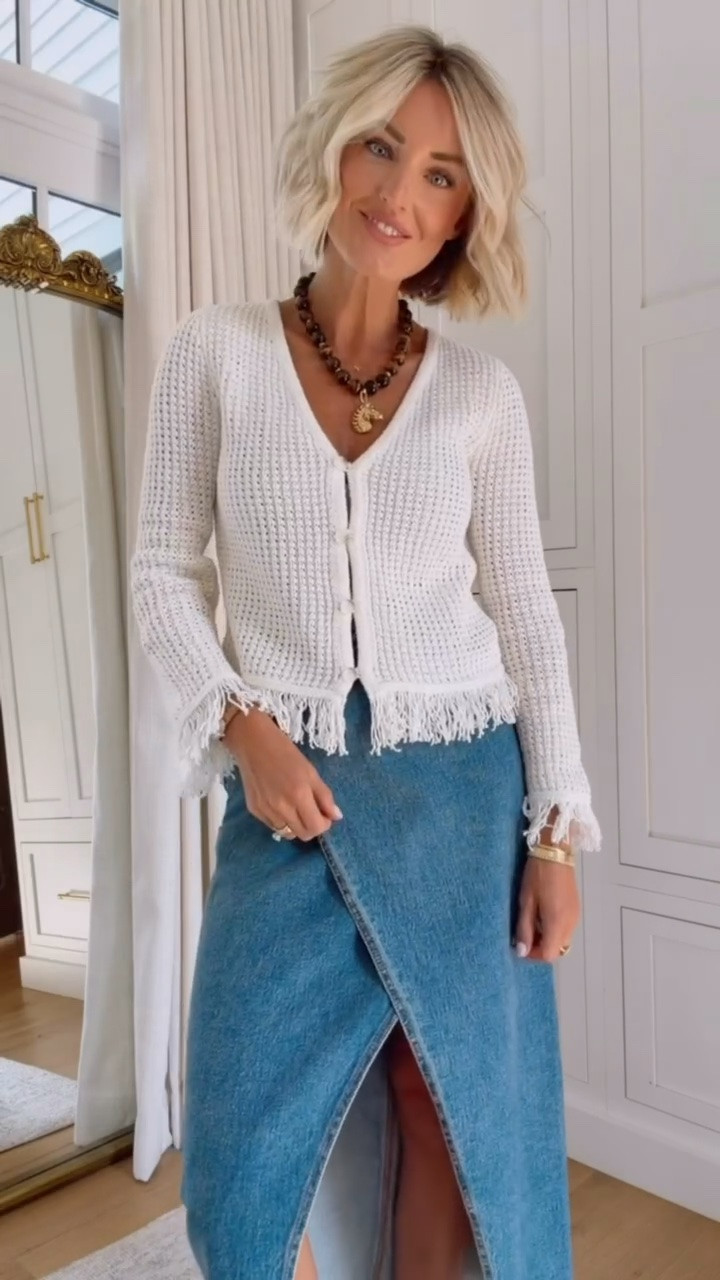 Love this textured cardigan for a transition piece into fall! This will also be great to drape over your shoulders! Love the fringe at the bottom too! Wearing XS/00!

Loverly Grey, Loft, white cardigan, pre fall outfit, fall outfit, denim midi skirt, kitten heels, fall looks

#LTKSeasonal