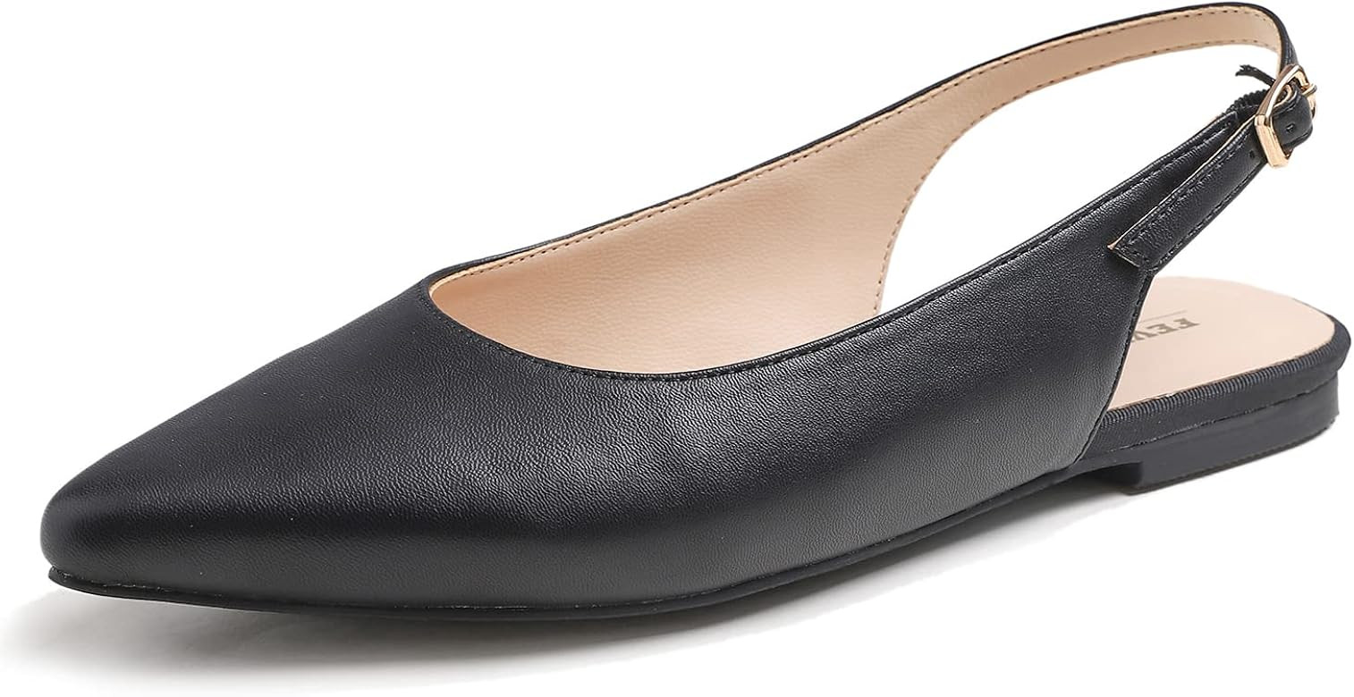 FEVERSOLE Pointed Toe Casual Slingback Flat Mules Women's Fashion Buckle Strap Slide Summer Slipp... | Amazon (US)