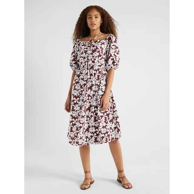 Free Assembly Women's Ruched Halter Dress with Puff Sleeves, Sizes XS-XXL - Walmart.com | Walmart (US)