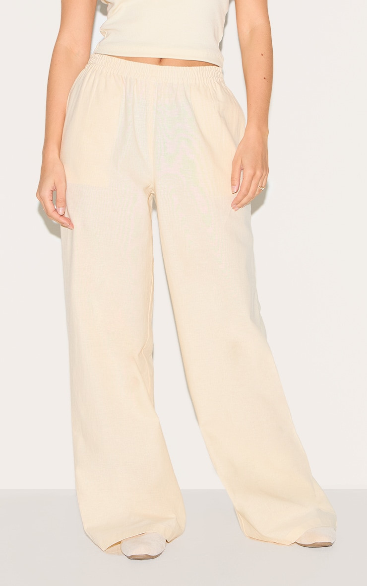 Cream Cotton Linen Look Elasticated Waist Straight Leg Pants | PrettyLittleThing US