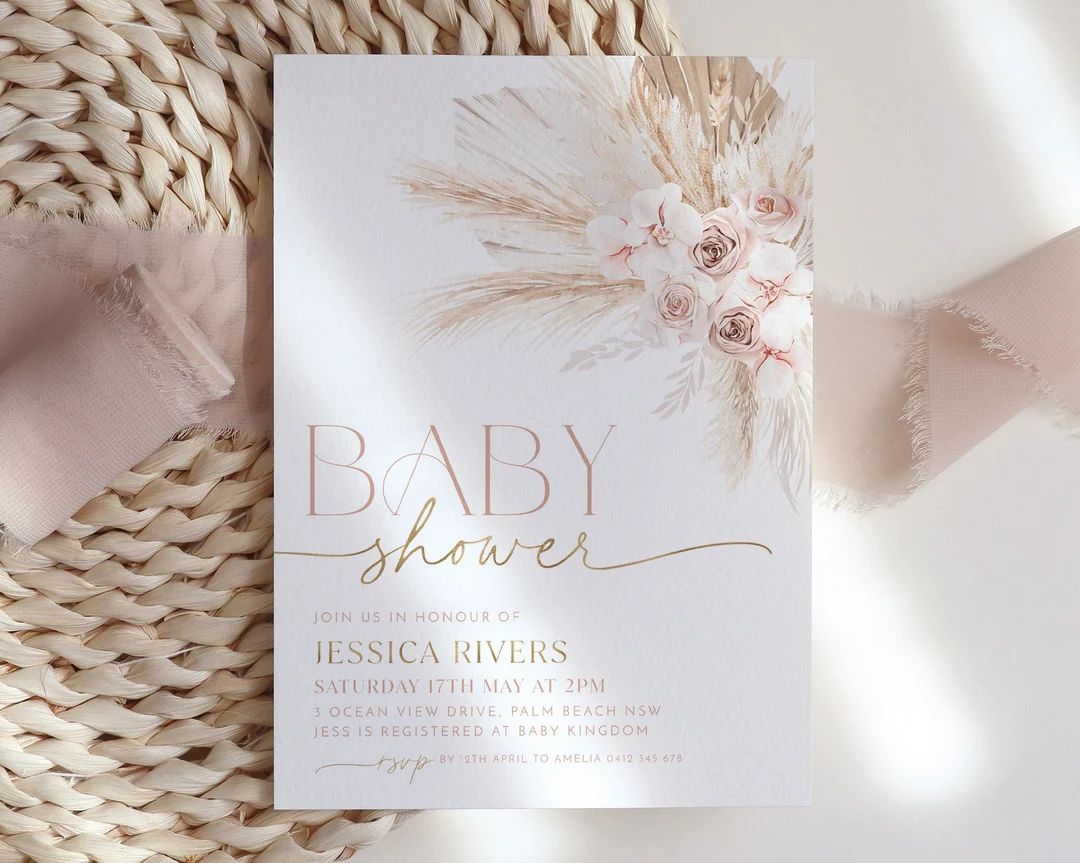 Boho Baby Shower Invitation, Boho Floral Baby Shower, Baby Girl Baby Shower Invite, Dried Flower ... | Etsy (US)