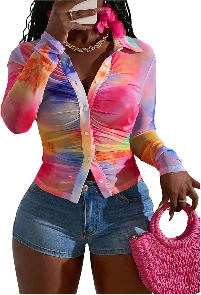 SOLY HUX Women's Y2k Tie Dye Tops Button Down Long Sleeve Fitted Crop Shirts Blouse Street Music ... | Amazon (US)