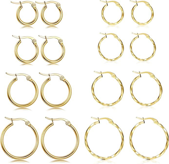 LOYALLOOK 8Pairs Stainless Steel Hoop Earrings Set Gold Silver Round Small Hoop Earrings 10MM、1... | Amazon (US)