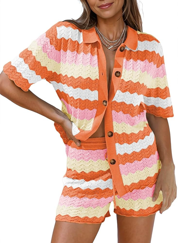 Pink Queen Women Knit Shorts Set 2 Piece Outfits Short Sleeve Button Down Sweater Top and Shorts Lounge Set | Amazon (US)