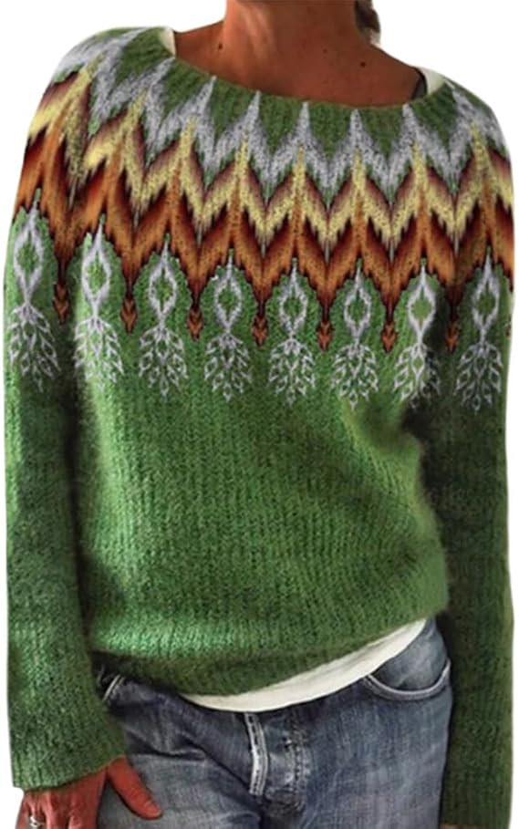Bengbobar Fair Isle Sweater Womens Pullover Argyle Vintage Winter Fall Casual Boho Knit Tops Crew... | Amazon (US)