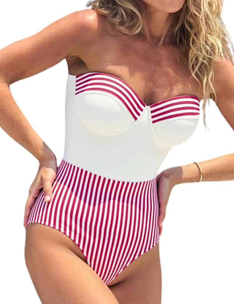 Women's Retro One Piece Bandeau Striped Bathing Suit with Adjustable Strap Swimsuit and Skirt | Amazon (US)