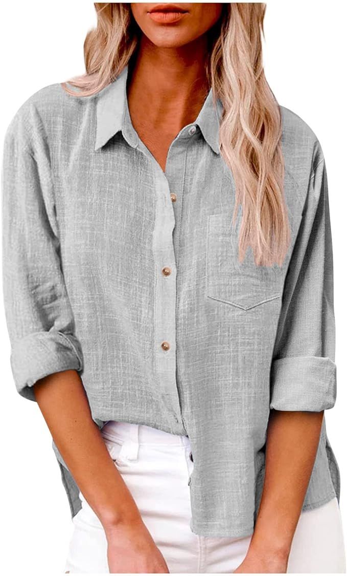 Linen Shirts for Women Summer Long Sleeve Lapel Button Down Blouse Lightweight Gauze Loose Casual... | Amazon (US)