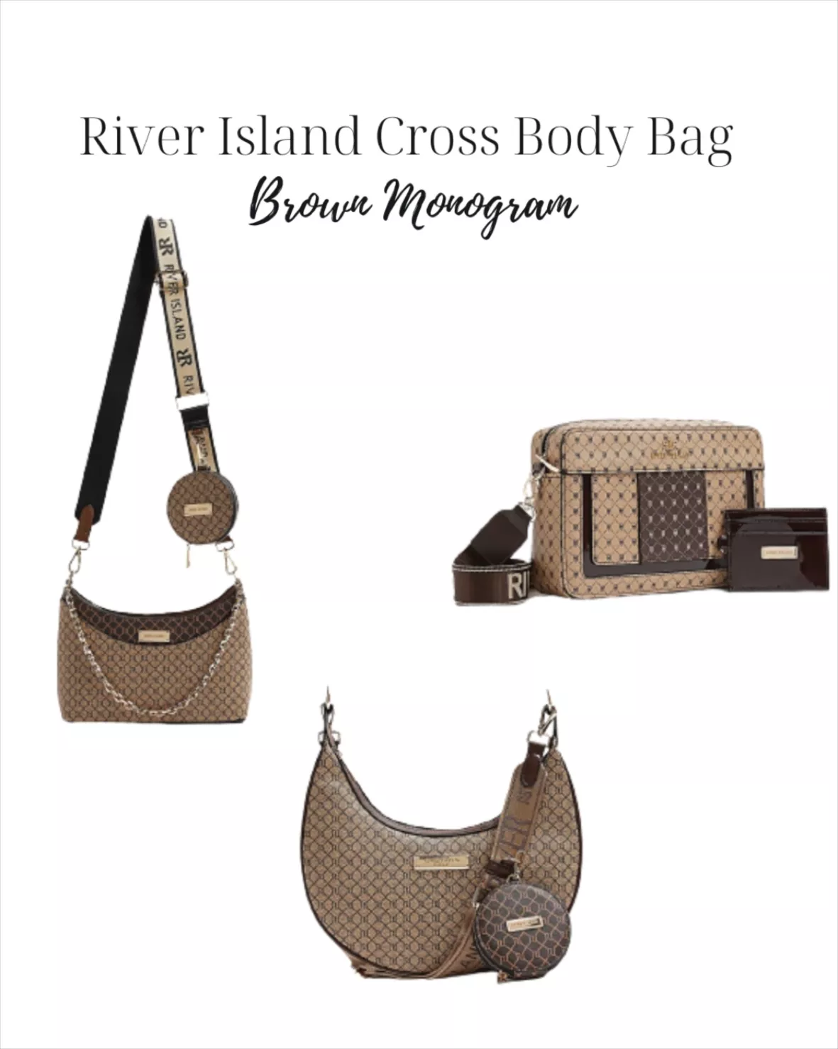River Island monogram cross body bag in brown