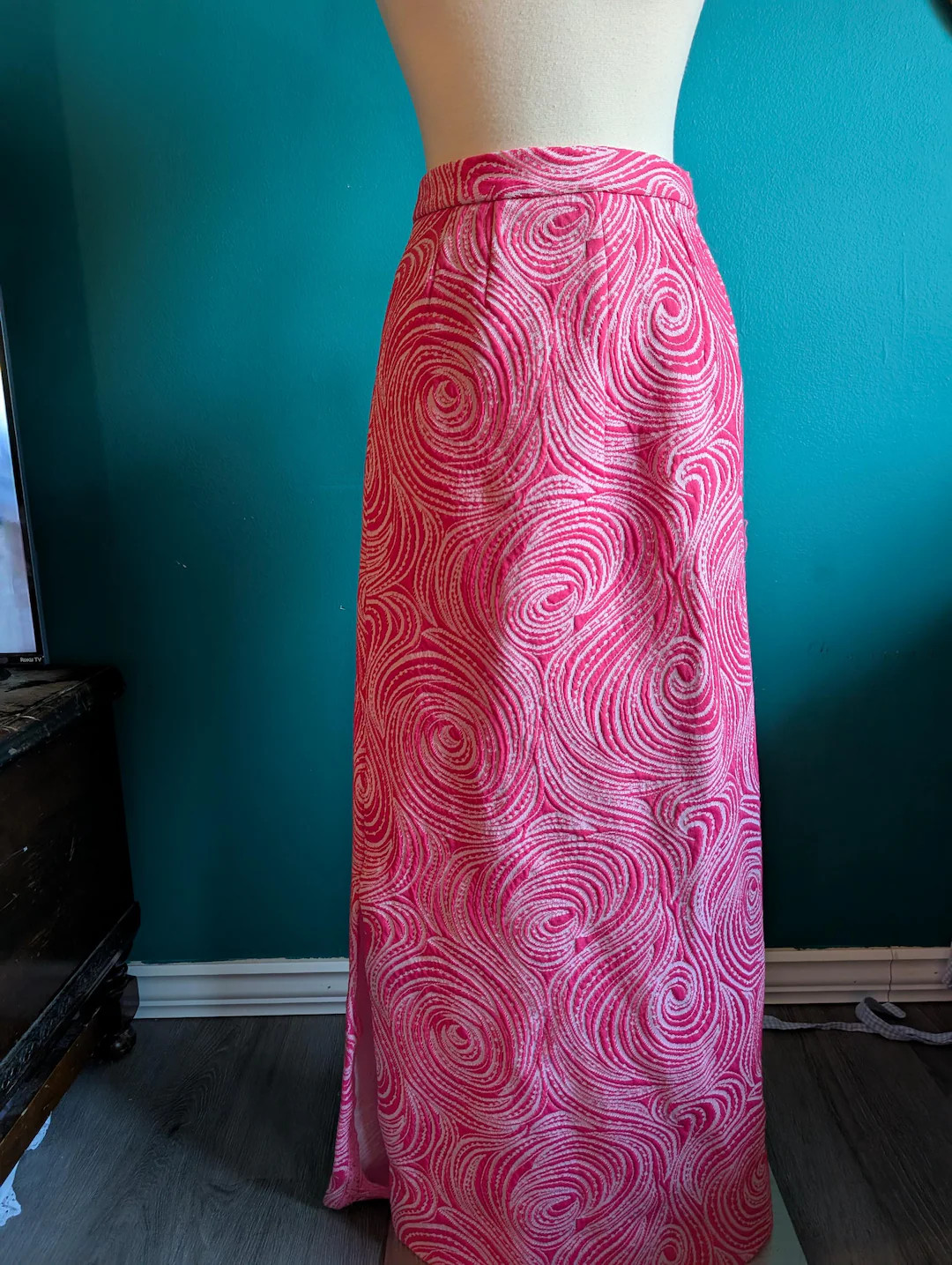 Women's vintage 1960s double knit poly maxi skirt in pink and white size small | Etsy (US)