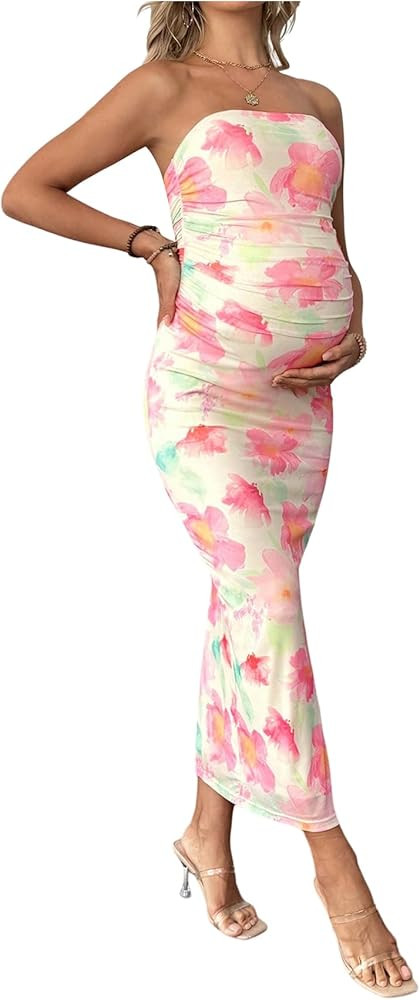 Milumia Women's Maternity Floral Mesh Strapless Tube Dress Sexy Split Thigh Bodycon Maxi Dress | Amazon (US)