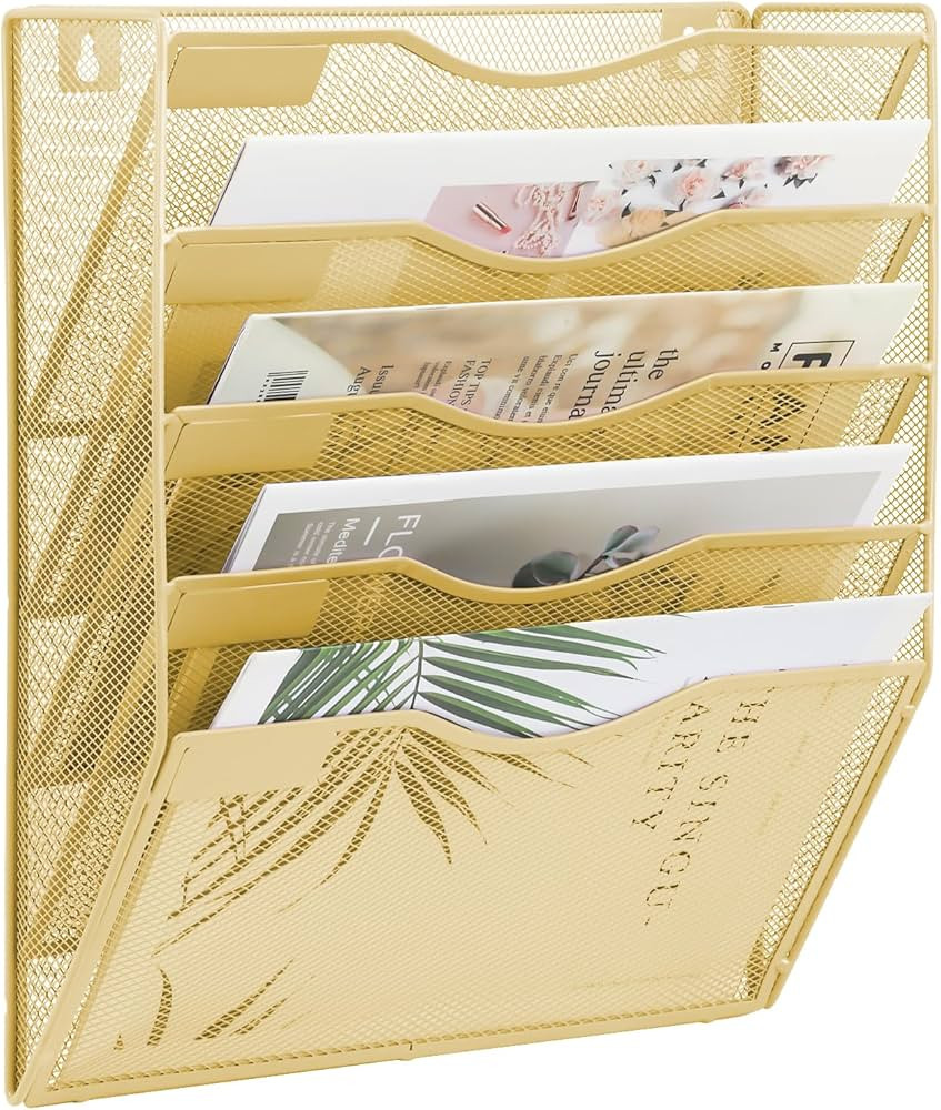 EASEPRES Wall File Organizer, Cute Gold 5 Tier Hanging File Wall Mount Mail Organizer Magazine Ra... | Amazon (US)
