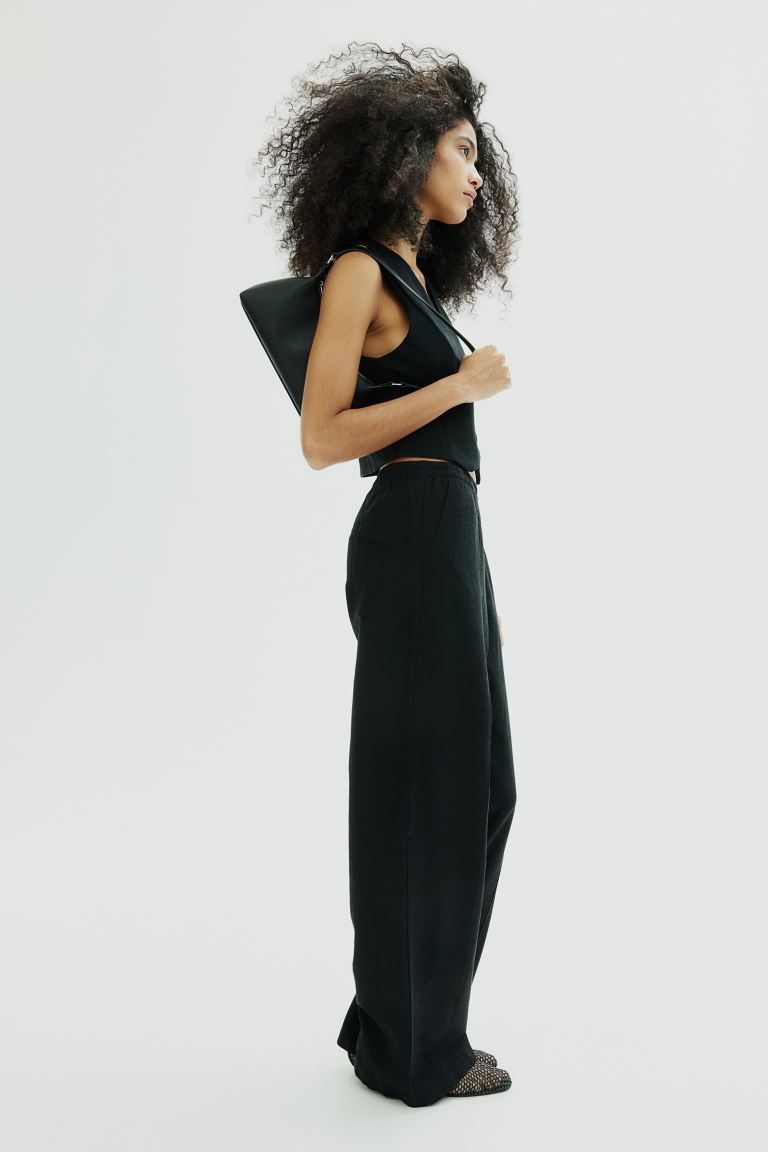 Linen-blend trousers - High waist - Long - Black - Ladies | H&M GB | H&M (UK, MY, IN, SG, PH, TW, HK)