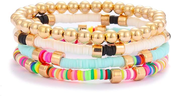 Colorful Beaded Bracelet for Women Heishi Bracelet Bohemian Assorted Bright Colored Gold Bead Str... | Amazon (US)