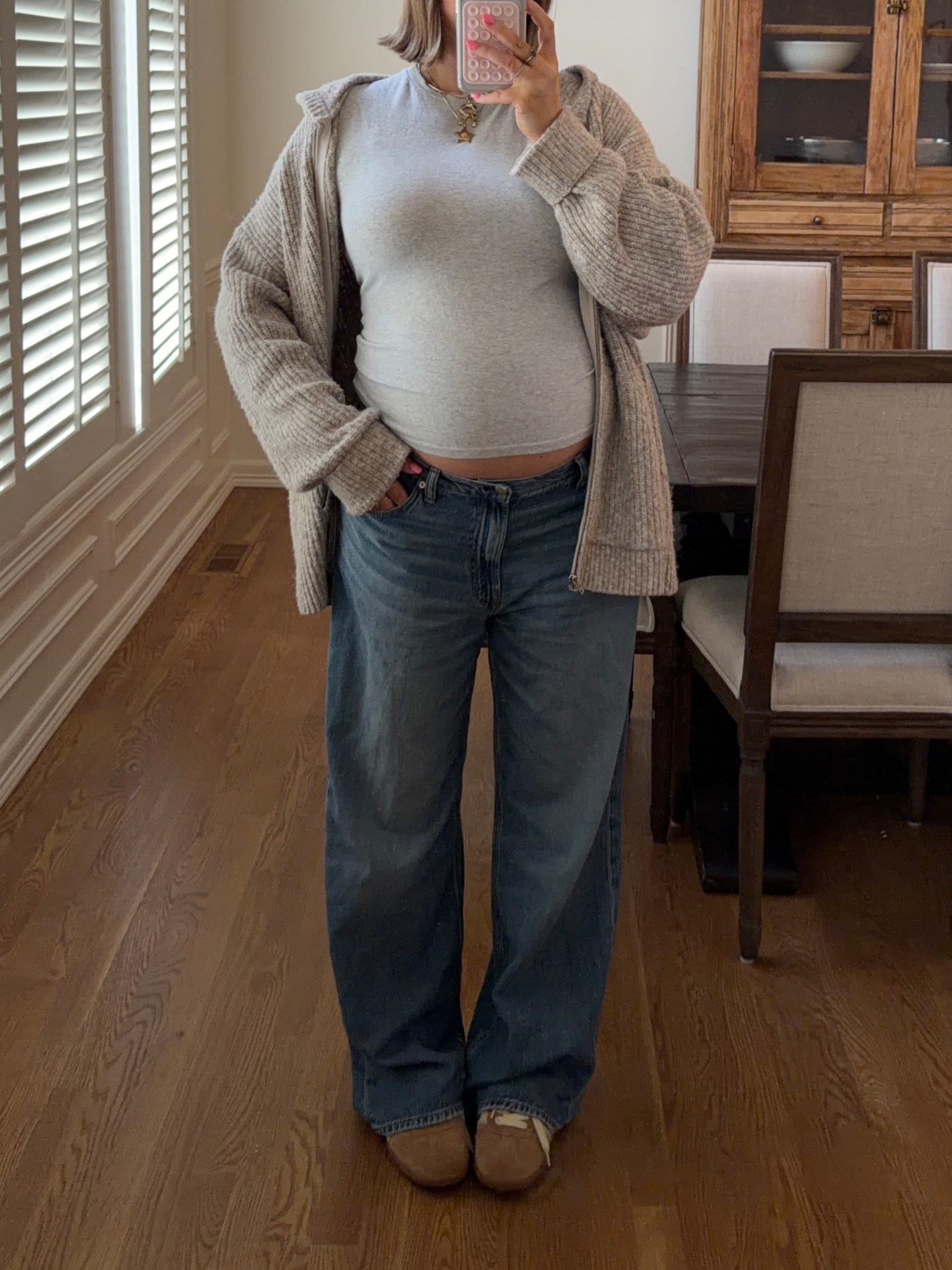 Jeans run big size down unless pregnant! But sooo soft slouchy and I love the lower rise. Best tee size L great length. Size L in men’s knit zip cardigan from Abercrombie  