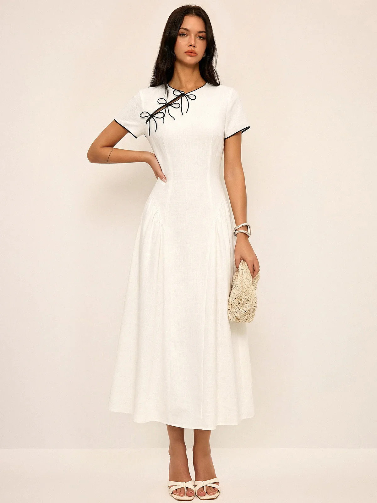 Bow Detail Cotton Cheongsam Midi Dress | Commense