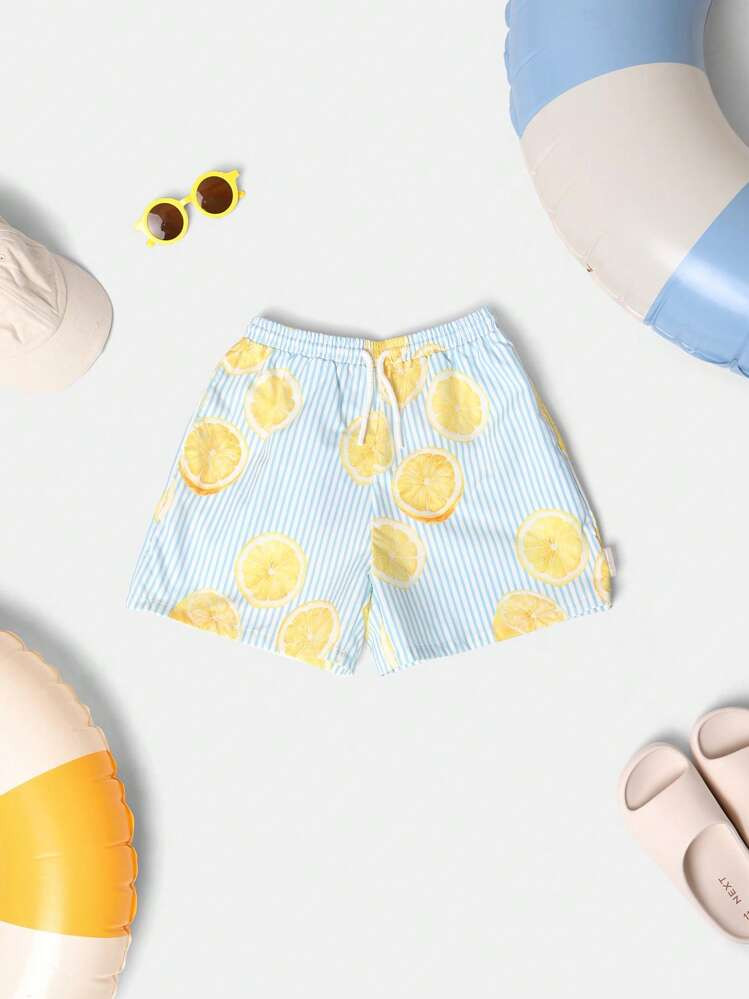 SUMWON Summer Swim Board Shorts Beach Pool Lemon Print Striped Drawstring Vacation Bottoms Resort Wear Beachwear Holiday Boys Swimwear Casual | SHEIN