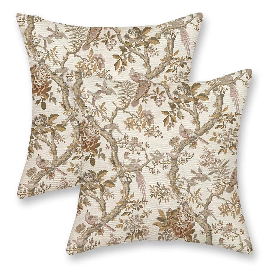 Fall Brown Chinoiserie Pillow Covers 18x18 Inch 2 Pcs Beige Spring Floral Birds Decor Throw Pillo... | Amazon (US)