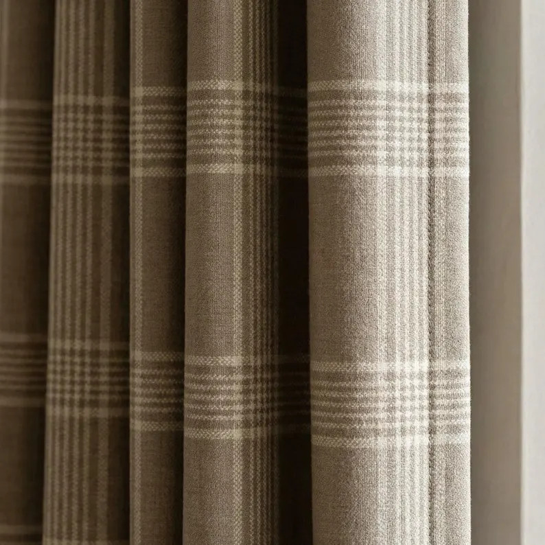 Taupe Greige Plaid Organic Linen Curtains, Neutral Farmhouse Windowpane Check Drapes, Cotton Line... | Etsy (Global)