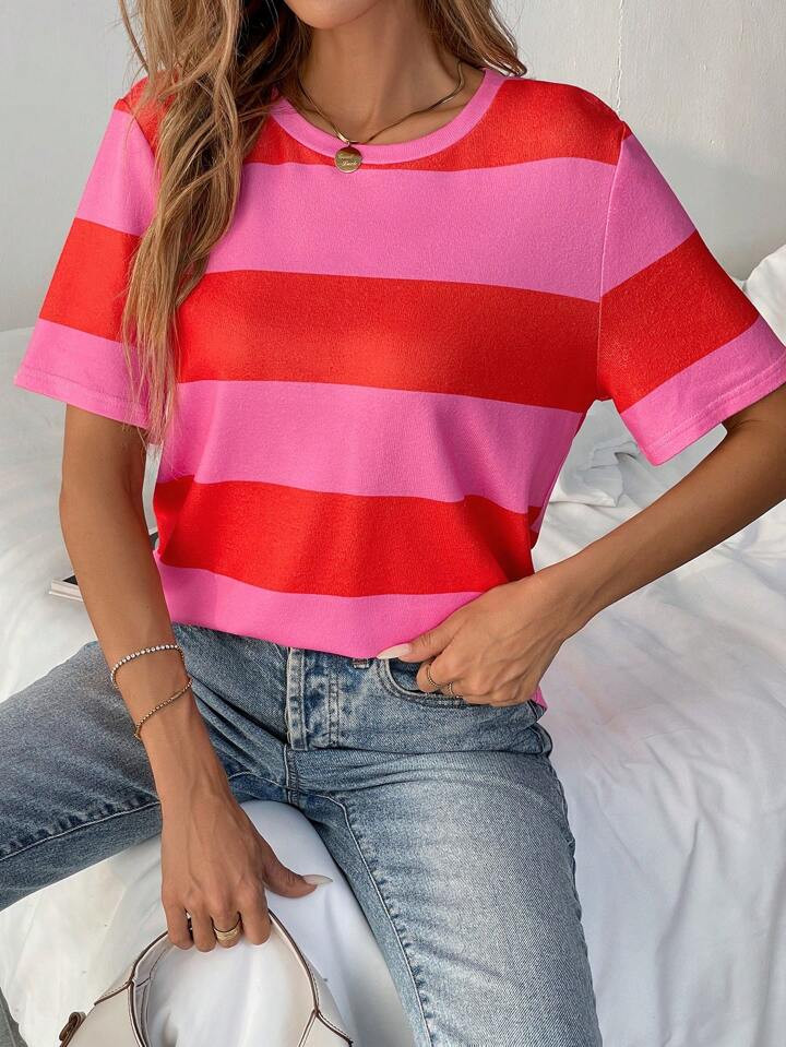 SHEIN LUNE Women Summer Striped Print Round Neck Short Sleeve Casual T-Shirt Graphic Tees Women Tops | SHEIN