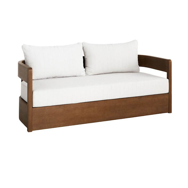 Oakes Driftwood Finish Acacia Wood Patio Sofa with Ash Cushions | At Home
